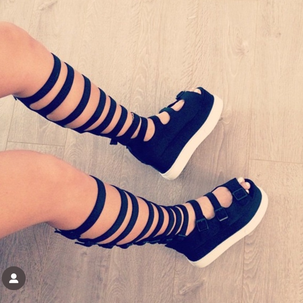 Jeffrey Campbell Strappy Black knee high Platform Boots